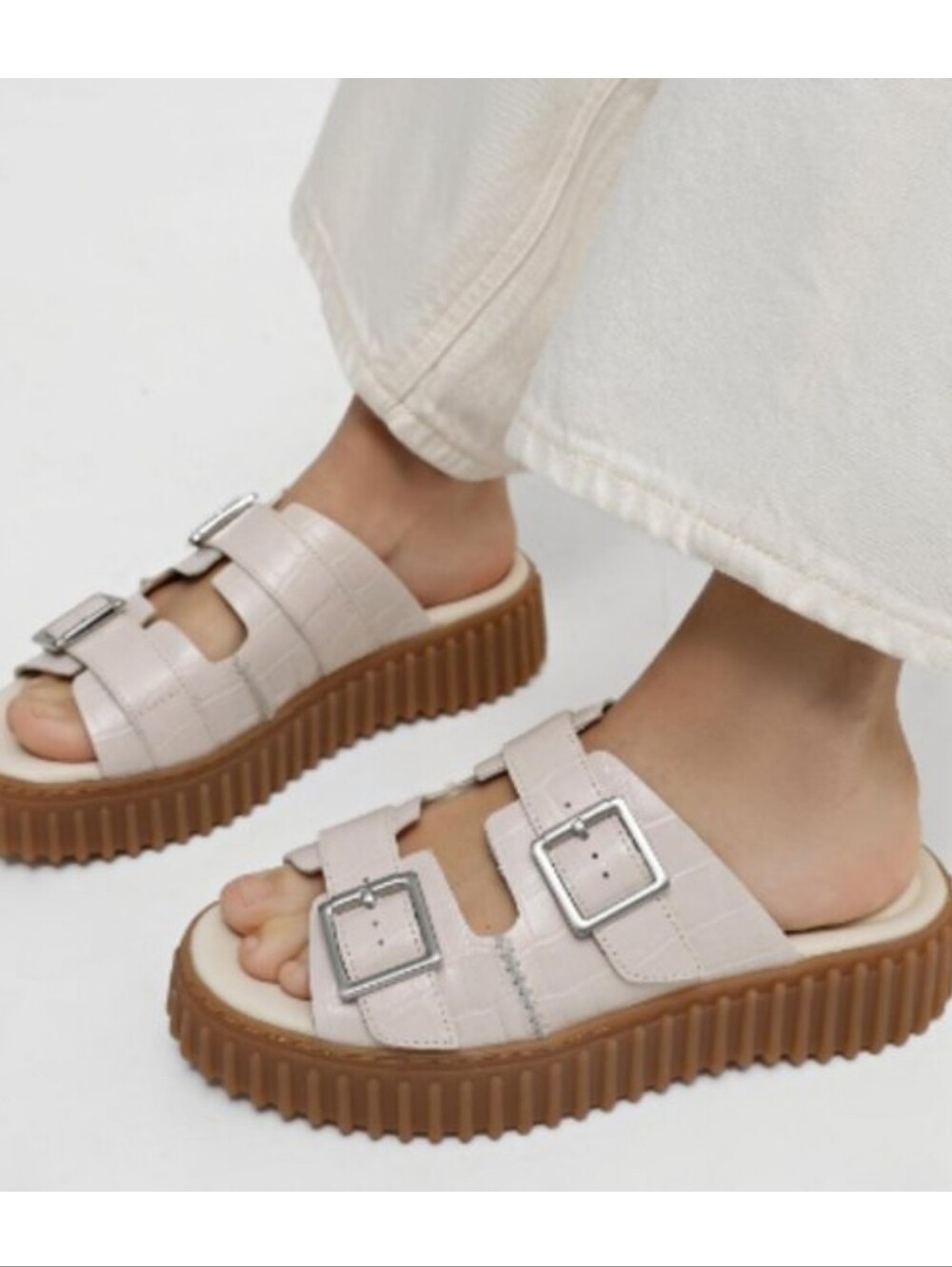 Clarks Cream Sandal with Brown Ribbed Sole - Picture 3 of 13